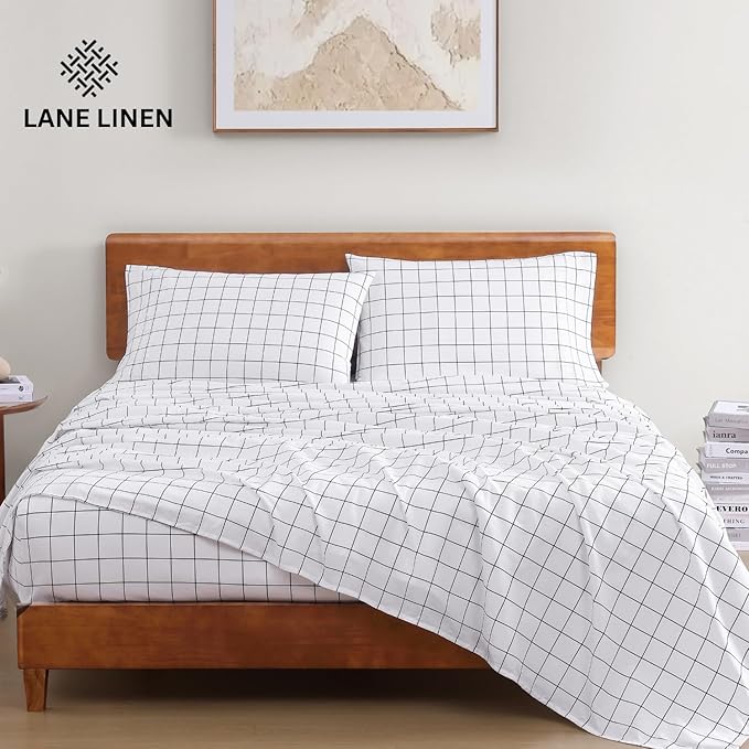 LANE LINEN 100% Organic Cotton Queen Bed Sheet, Fade Resistant Printed Cotton Sheets Low Pill Soft & Comfy Machine Washable Queen Size Deep Pockets Fits Upto 15" - Windowpane