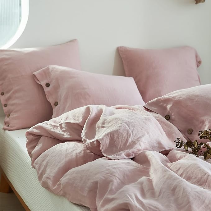 Simple&Opulence 100% Linen Duvet Cover Set 3pcs with Coconut Button Closure Natural French Washed Flax Solid Color Soft Breathable Farmhouse Bedding - Blush Pink, Full Size