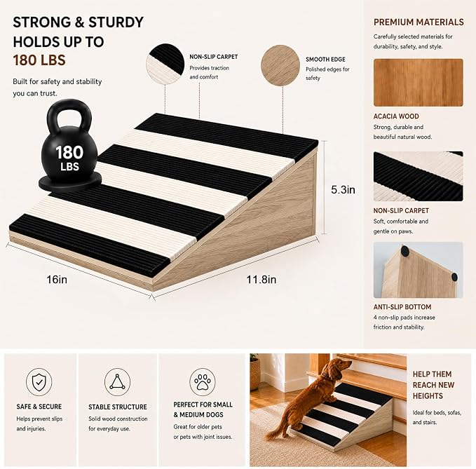2 Pack Dog Ramp for Small Dogs, Solid Acacia Wood Pet Ramp with Non-Slip Carpet, 180 lbs Capacity, Gentle Slope Dog Stairs for Senior Dogs, Puppies & Cats, No Assembly Required