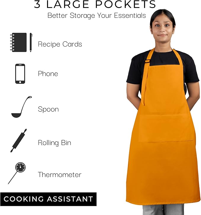 RAJRANG 100% Cotton Cooking Apron with 3 Pockets Kitchen Chef BBQ Adjustable Bib Aprons for Women Men