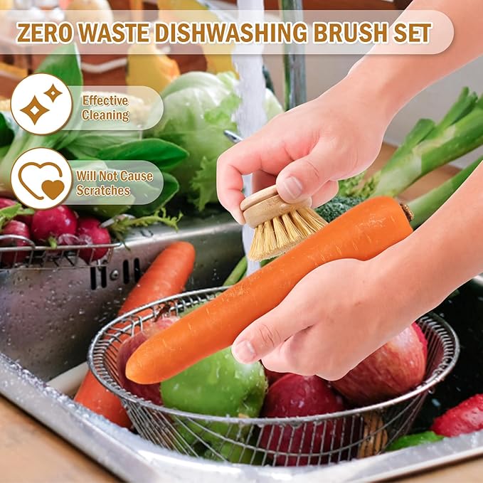 US 6Pcs Bamboo Dish Brush Head Soft Sisal Bristle Dish Natural Washing Brush Head Eco-Friendly Washing Up Brush Replacement Heads Easy to Use Dish Scrubber Head for Dish Brush Cleaning 1.89×1.57in