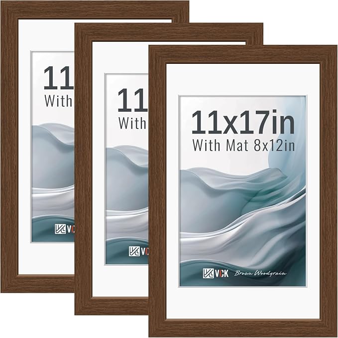VCK 11x17 Picture Frames Brown 3 Pack, Wide Border Wood, Tempered Glass, Display 8x12 Photo with Mat or 11 x 17 without, for Home, Office, Gallery, Woodgrain Series, Wall Hanging