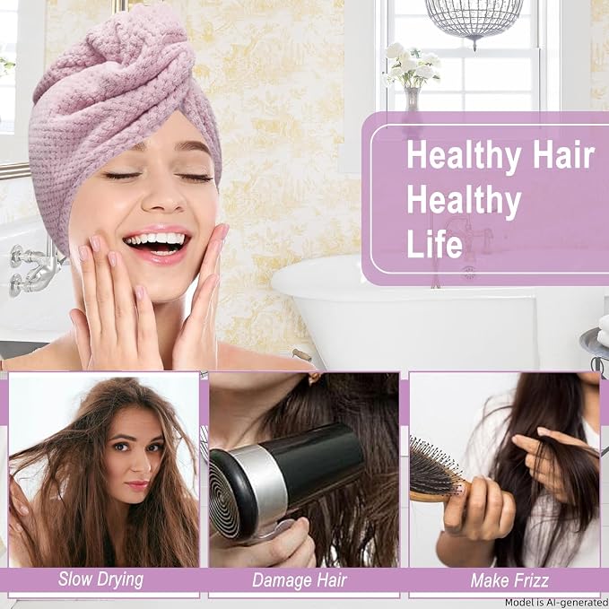 3 Pack Microfiber Hair Towel Wrap for Women, Fast Drying Hair Turban with Button, Anti-Frizz Large Hair Towel for All Hair Styles, Soft & Absorbent Hair Drying Towel (Purple, Bule, Brown)