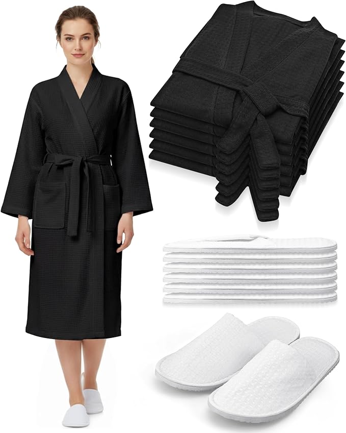 Jecery Waffle Bathrobe and Slippers Bulk Set Spa Robes Hotel Bath Lightweight Thin Commercial Soft for House Shower Party