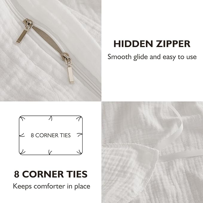 EMME Cream White Muslin Duvet Cover Queen Size, 100% Cotton Soft Gauze Bedding Set with 2 Pillowcases, Breathable Lightweight All Season Comforter Cover with Zipper & Corner Ties, 90"x90"