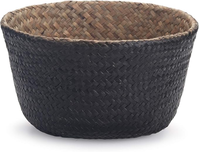Seagrass Storage Basket, Natural Woven Storage Basket (Black 7 inch D x 8 inch H)