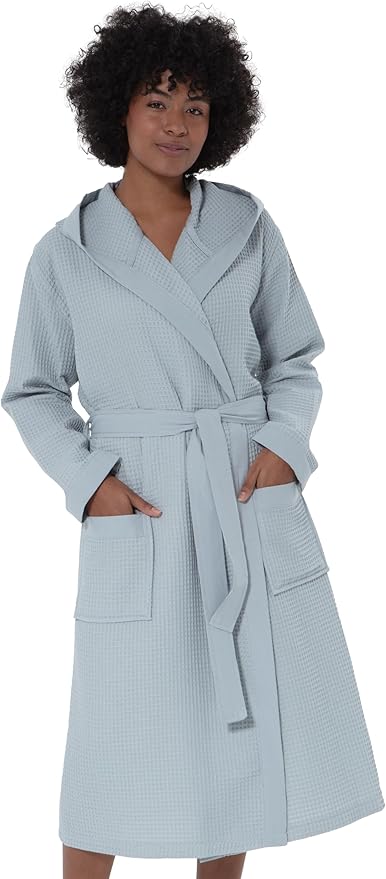 SEYANTE Women's Organic Cotton Waffle Kimono, Hooded Robe – GOTS Certified Lightweight Full-Length Spa Bathrobe with Piping
