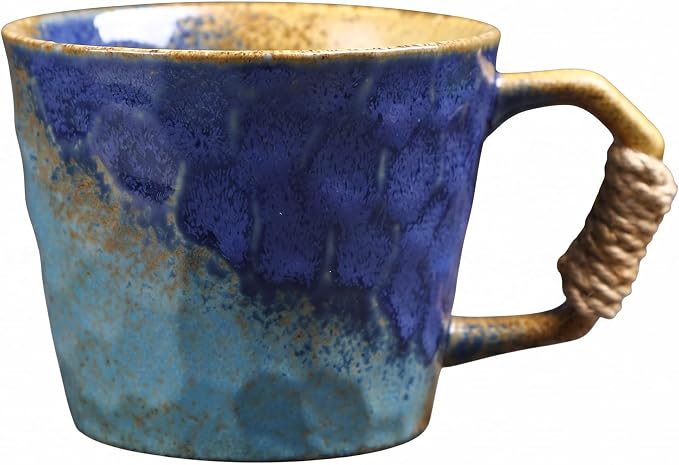 12oz retro Japanese pottery tea cup, handmade tea cup with comfy handle, retro ceramic mug with handle, lead-free reactive glaze, perfect for office & home (Blue)