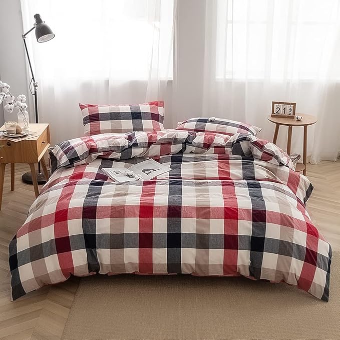 FACE TWO FACE Bedding Duvet Cover Set100% Washed Cotton Duvet Cover Linen Like Textured Breathable Durable Soft Comfy(King, Blue red Grid)
