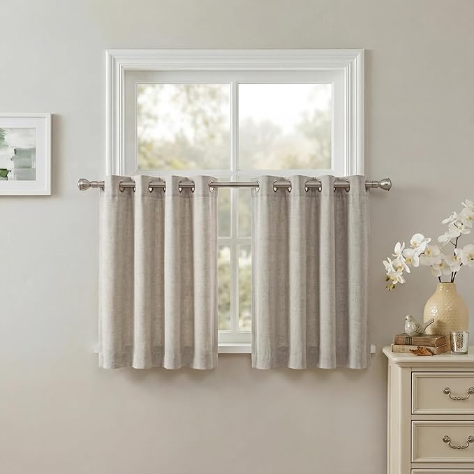 NICETOWN Linen Short Curtains 36 Inches Long for Kitchen, Farmhouse Semi Sheer Light Filtering Privacy Grommet Short Drapes for Basement Bedroom, Window 2 Panels, 34 x 36 Inch