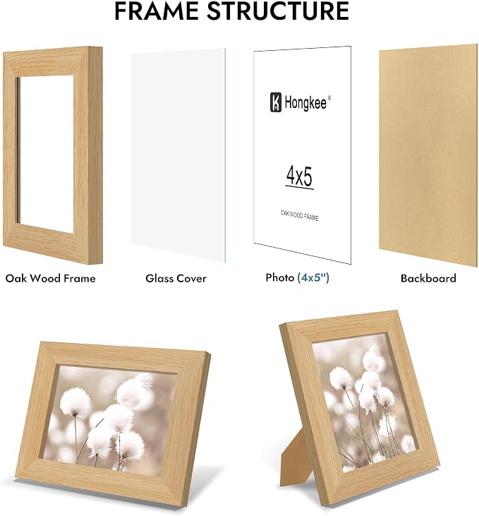 Hongkee 4x5 Oak Wood Picture Frame (1 Pack, Natural) with Real Glass Cover | Solid Wood 4 x 5 Small Frame for Wall or Tabletop Display - Includes Easel Back, Vertical Hang - Ideal for Home, Office