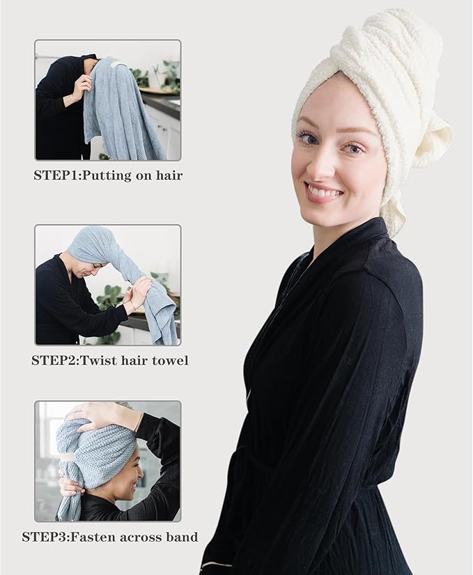 ROLSHOL 2 Packs Large Microfiber Hair Towels for Women, Super Absorbent & Quick Dry Hair Towel Wrap for Curly Hair Long & Short Hair- Anti-Frizz Hair Turbans for Wet Hair (Blue/White) - 27.5''*39.4''