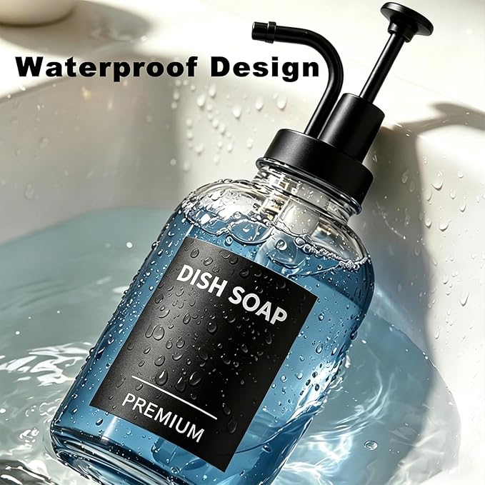 12oz Dish Soap Dispenser for Kitchen, Hand Glass Soap Dispenser Set with Pump, Tray, Funnel for Bathroom, Shower, Laundry, Liquid, Lotion (Black 2 Pack Clear Bottles with 12 Stickers)