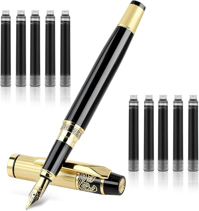 Andibro Metal Fountain Pens, With 10 Black Ink 2.6mm Cartridges, 0.5mm Luxury Fine Point Fountain Pen Business Pen Smooth Writing Stainless Steel Pen Calligraphy Pen for Office School Supplies(Black)