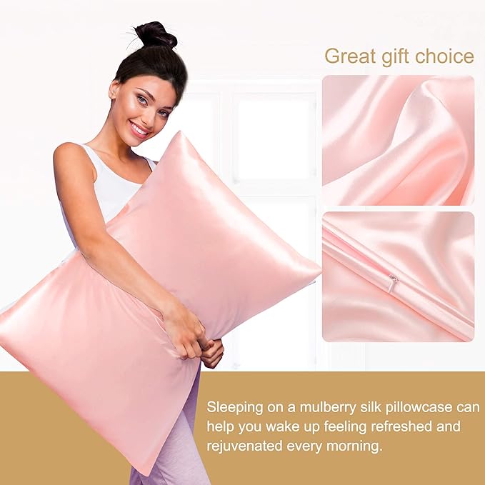 uxcell 1 Pack 100% Charmeuse Pure Silk Pillowcase for Hair and Skin, 350TC 19 Momme Soft Breathable Pillow Case with Hidden Zipper, Pink Queen(20x30inch)