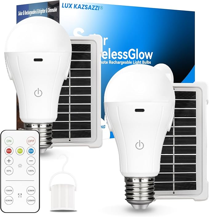 Solar & USB Rechargeable Light Bulbs With Remote + Touch Control, 3 Colors & Dimmable, Large Solar Panel 1800mAh Battery Powered Light Bulb, Battery Light Bulbs Indoor For Home Camping Shed
