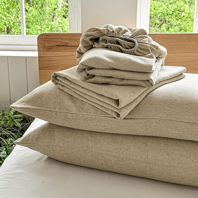 NSNLGSGC 100% French Linen Sheets Full Size, 4 Piece Pure Linen Bed Sheet Set, Breathable, Cooling & Durable, Soft Washed Natural Flax Bedding with 16 Inch Deep Pocket, All Season Use(Full, Linen)