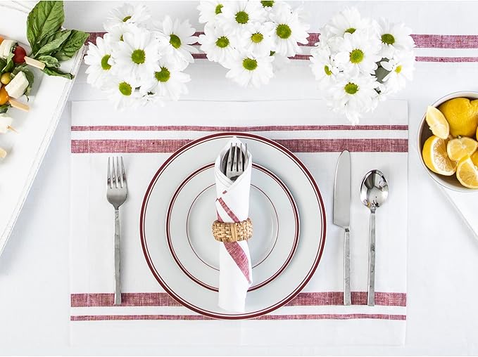 Solino Home Striped Linen Placemats Set of 4-100% Pure Linen Burgundy and White Place Mats 14 x 19 Inch - French Stripe