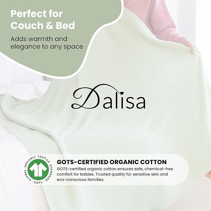 Dalisa 100% Organic Turkish Cotton Throw Blanket - GOTS Certified, Cozy - Perfect for Couch, Bed, and Home Decor - Boho Vintage Knit Alina (Sage, 60x80)