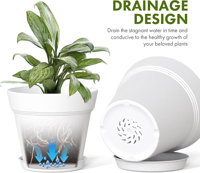 WSMKSZ 4 Inch Plastic Plant Pots with Drainage Holes and Trays – 8 Pack Small Nursery Pots for Indoor & Outdoor House Plants and Flowers, Seedling Starter Planters, White