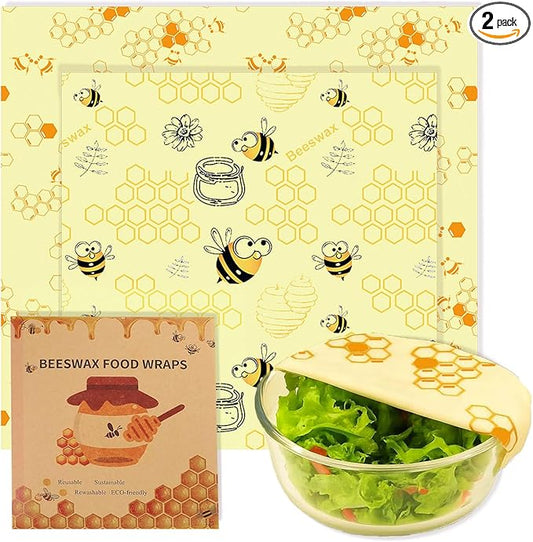 2 PCS Reusable Beeswax Wraps 14 x 13 Inch & 11 x 10 Inch Beeswax Sandwich Wraps for Food Eco-Friendly Sustainable Food Storage Wraps