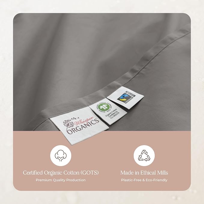 Organic Full Fitted Sheet Only Deep Pocket - 100% Organic Cotton Sheets with Breathable 300 Thread Count Sateen Weave GOTS & Fairtrade Certified - Soft Fitted Bed Sheets Only (Stone, Full)
