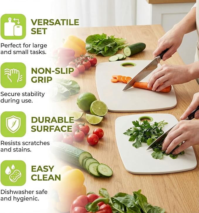 2-Piece Wheat Straw Cutting Boards Set, 2 Sizes with Secure Non-Slip Base, Dishwasher Safe, Gentle on Knives, Plastic - Gluten Free & BPA Free Chopping Boards for Kitchen
