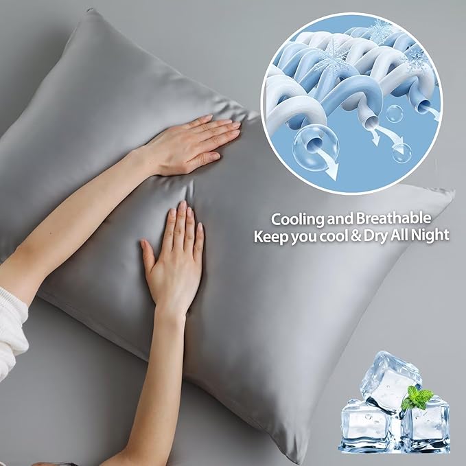 4 Pack Cooling Pillow Cases,Viscose Derived from Bamboo Pillow Protectors Queen Size Set of 4, 400 Thread Count Soft Silky Breathable Summer Pillow Cover with Zipper Hidden (4PCS, Queen,Grey)