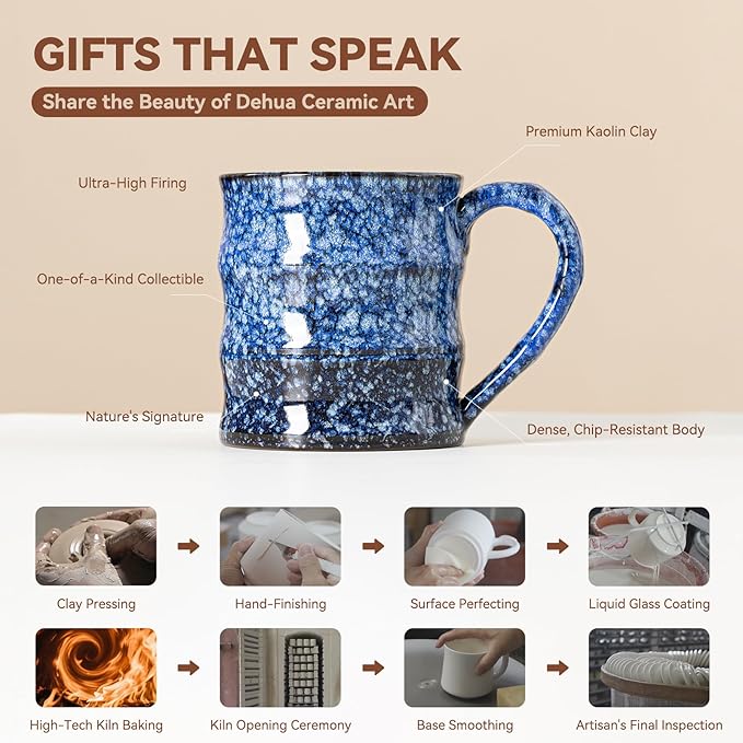 Unique Reactive Glaze Ceramic Coffee Mug - 15 oz Large Coffee Cup with Ergonomic Handle, Sakura Blue Ceramic Mug for Office & Home, Great Birthday Gift for Women, Men & Self-Care, Microwave Safe