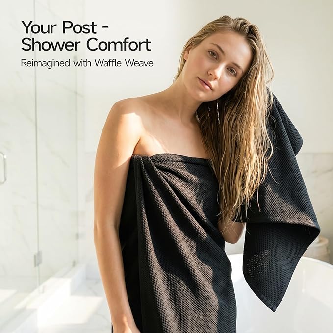 REDKISS 100% Cotton Waffle Weave Bath Towels 4 Piece - 27.5x55 Inches| Lightweight, Quick Dry & Highly Absorbent,Perfect for Spa, Gym, Travel, Guest Bathroom-Black