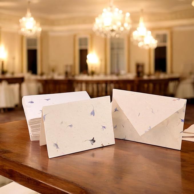 Kathmandu Valley Co. 50 Vintage 4x6 Handmade Lokta Paper Nepali Cherish Greeting Cards & Matching Decorative Flower Petal Envelopes. Folded blank cards. Handmade In Nepal. (Cornflower)