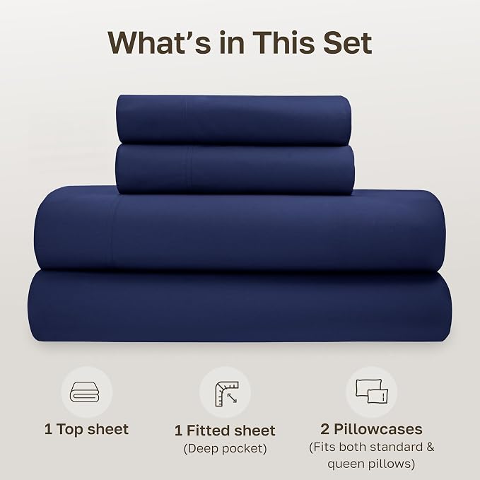 California Design Den Soft 100% Organic Cotton Sheets Full Size Set with Deep Pockets - Crisp Percale, Breathable and Durable Bedding Set - Navy Blue