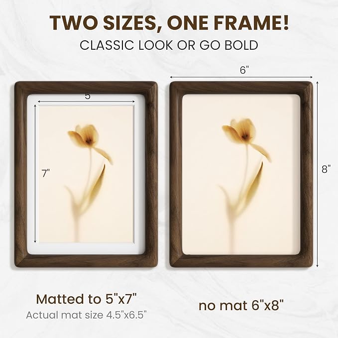 6x8 Picture Frame, USA-Sourced Walnut Wood Photo Frames with HD Tempered Glass, Display Photo 5x7 with Mat or 6x8 Without Mat, 5x7 Frame for Tabletop or Wall Display, Walnut Color, 1 Pack