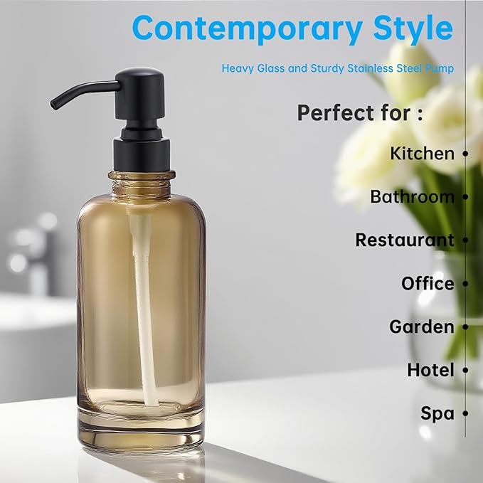 Glass Soap Dispenser Brown with Black Pump, 11 OZ Liquid Soap Dispenser Amber Cylindrical Bottle with Stainless Steel Pump for Dish Hand Soap Bathroom Kitchen Vanity Countertop