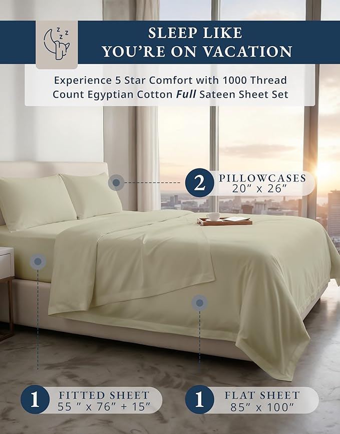 LANE LINEN 100% Egyptian Cotton Bed Sheets Full Size - 1000 Thread Count, 15 inch Deep Pocket Full Bedding Set, Naturally Temperature Regulating Cooling Fade Resistant Cotton Sheets Full - Linen