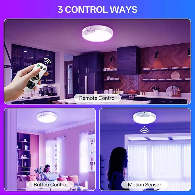 Homelist Rechargeable RGB Shower Light with Remote, Wireless Battery Operated Motion Sensor Ceiling Light with 10 Colors Changing, for Basement, Pantry, Cabinet, Hallway (1 Pack)