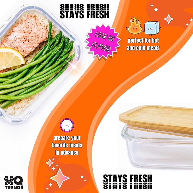 HQ Glass Container with Natural Brown Wooden Bamboo Lid Eco-Friendly Storage Airtight 51 oz Rectangular Baking Dish Storage Refrigerator Boxes 1520 ML