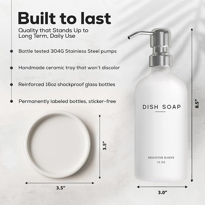 White Glass Dish Soap Dispenser for Kitchen Sink by Brighter Barns - Modern Kitchen Soap Dispenser Set - Refillable Glass Bottle with Pump - Neutral Minimalist Home Decor in Airbnb, Restaurant (White)