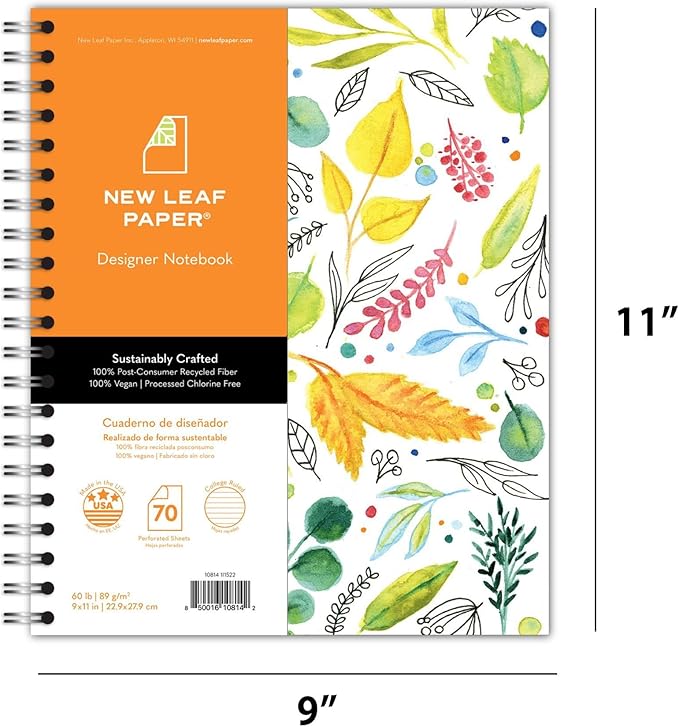 Large Spiral Bound Recycled Notebook, Leaves Design, 11" x 9", 70 Sheets, Double-Wire, College Ruled, Vegan, Made in USA