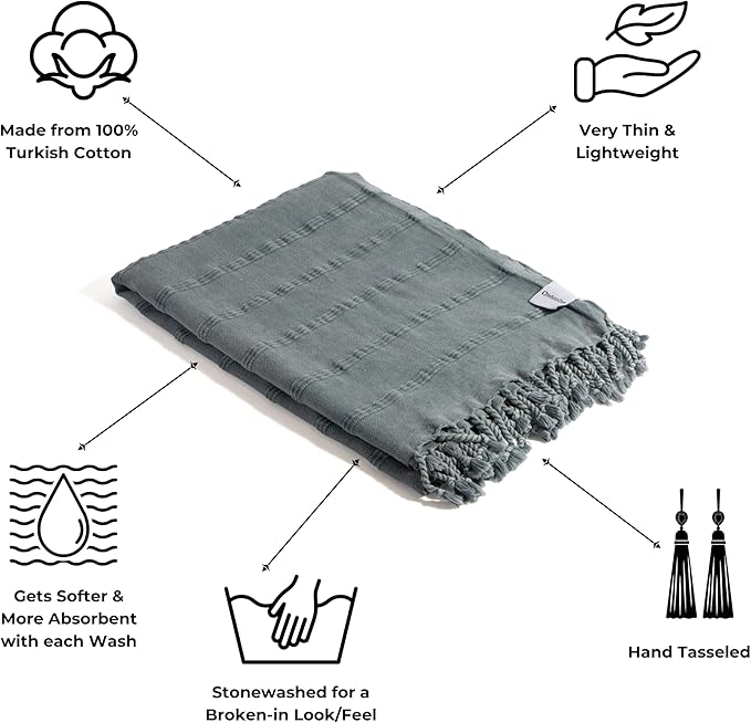 InfuseZen Stonewashed Turkish Cotton Bath and Beach Towel - Denim Blue/Grey | 100% Organic, Thin, Soft, Lightweight, Absorbent, Quick-Drying, Large Peshtemal, Sand-Resistant for Shower, Pool, Spa, Travel