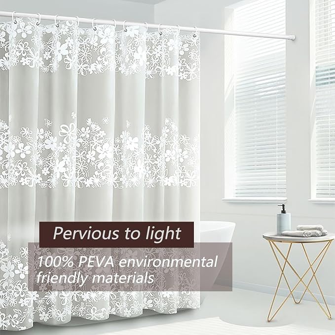 TIKABC Shower Curtain Liner, 4G PEVA Shower Liner, Plastic Waterproof Shower Curtains, with Grommet Holes and 3 Magnetic Weights(White Flower)