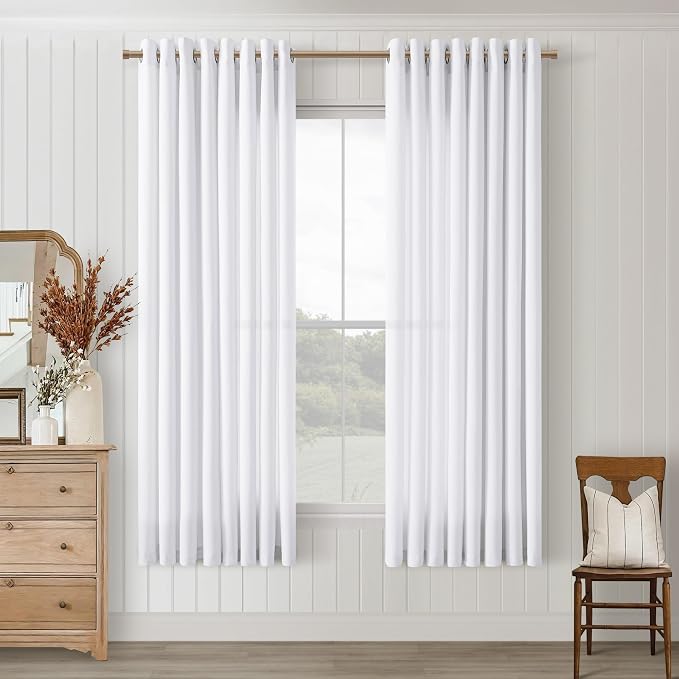 White Linen Curtains 63 Inch Length 2 Panel Set for Living Room Grommet Top Privacy Protection Semi Sheer Light Filtering Bedroom Window Curtain 63 Inch Long Textured Modern Elegant Coastal Drapes