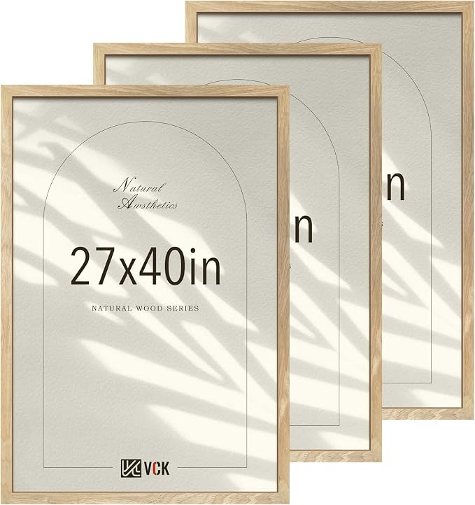 VCK 27x40 Poster Frame Natural Solid Wood 3 Pack, Exclusive Wood Grain Wall Hanging Picture Frame for Home Decoration