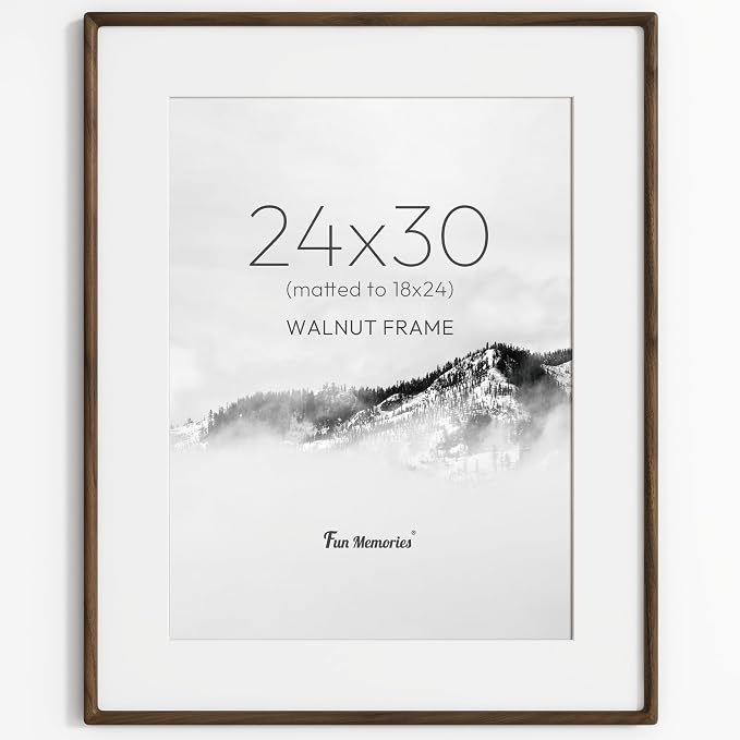 24x30 Poster Frame, USA-Sourced Walnut Wood Frame Wall Mounted, 24x30 Picture Frame with Real Glass, 24 x 30 Picture Frame Matted to 18x24 Photo for Vertical & Horizontal Hanging, 1 Pack