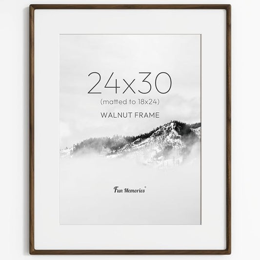 24x30 Poster Frame, USA-Sourced Walnut Wood Frame Wall Mounted, 24x30 Picture Frame with Real Glass, 24 x 30 Picture Frame Matted to 18x24 Photo for Vertical & Horizontal Hanging, 1 Pack