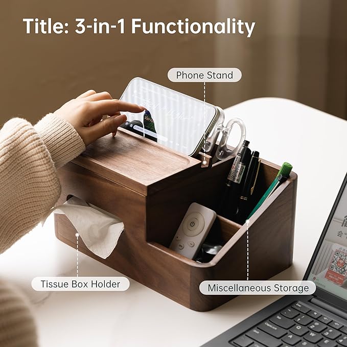 YESWOOD Walnut Tissue Box Cover - Multifunctional Tissue Box Holder with Storage Tray, Minimalist Rectangle Tissue Box Cover for Living Room, Bedroom, Bathroom, Office.