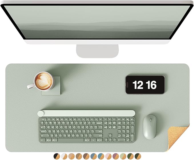 YSAGi Double-Sided Desk Pad, 23.6"x13.7"Leather Desk Mat, Eco Cork Desk Pad Protector,Large Mouse Pad,Waterproof Desk Blotter for Office/Home(Grayish Green)