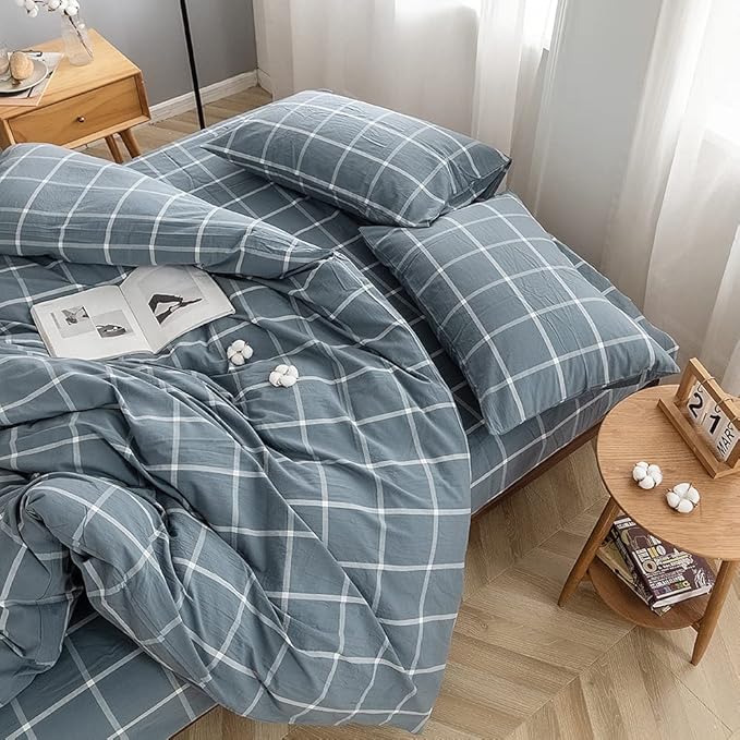 FACE TWO FACE Bedding Duvet Cover Set100% Washed Cotton Duvet Cover Linen Like Textured Breathable Durable Soft Comfy (Twin, Grey Green Grid)