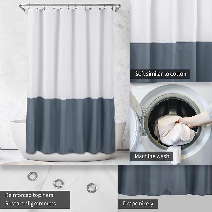 ALYVIA SPRING Waterproof Fabric Shower Curtain Liner - Soft & Light-Weight Cloth Shower Liner, 3 Bottom Magnets, Hotel Quality & Machine Washable - Standard Size 72x72, White and Stone Blue