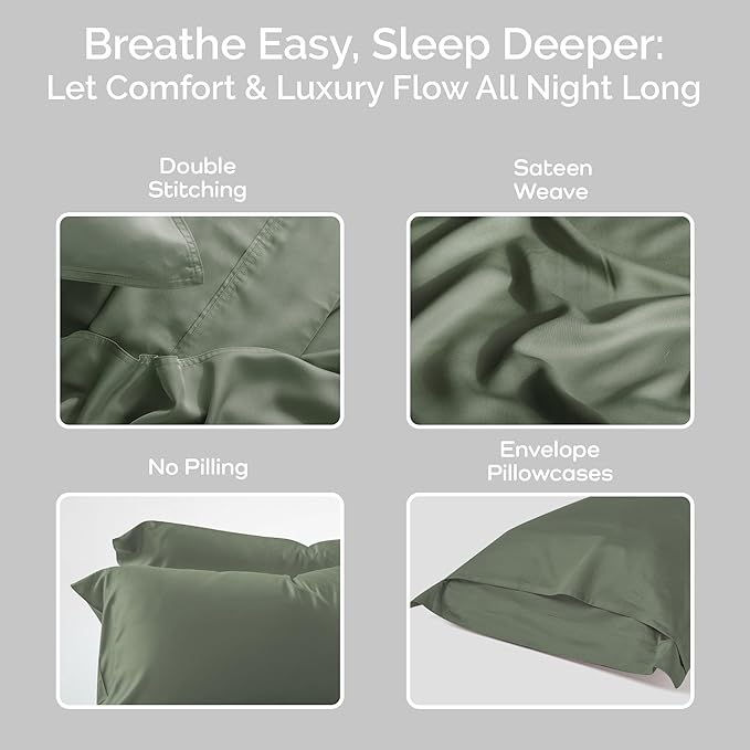Pillow Cases Queen Size Set of 2 Pillowcases 100% Viscose from Bamboo Cooling Pillowcases, Soft & Breathable Pillow Case with Envelope Closure, Green Pillow Cases (Moss)